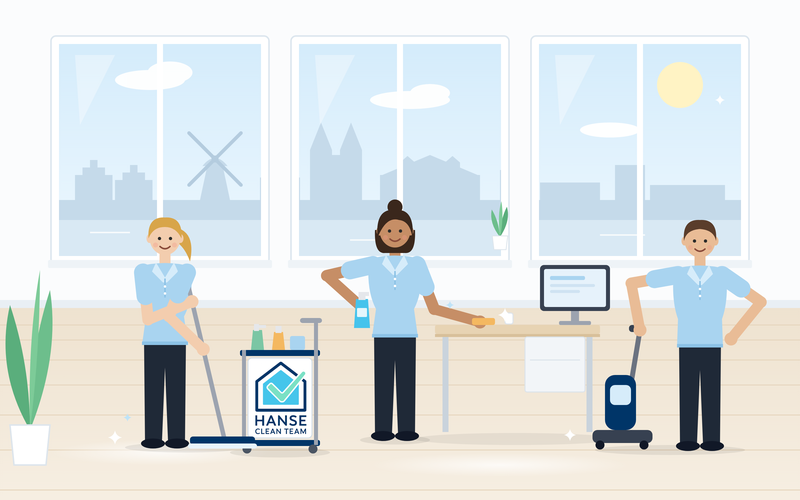Büroreinigung in Bremen: Das Hanse Clean Team reinigt Schreibtisch und Boden in einem hellen Büro